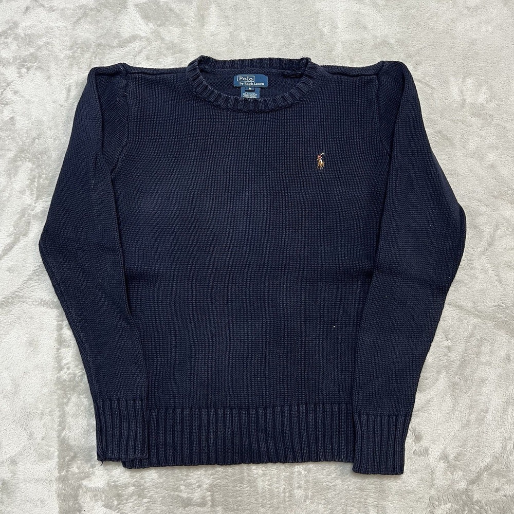 Polo Ralph Lauren Mens Medium Navy Blue Cotton Crewneck Shaker Stitch Sweater